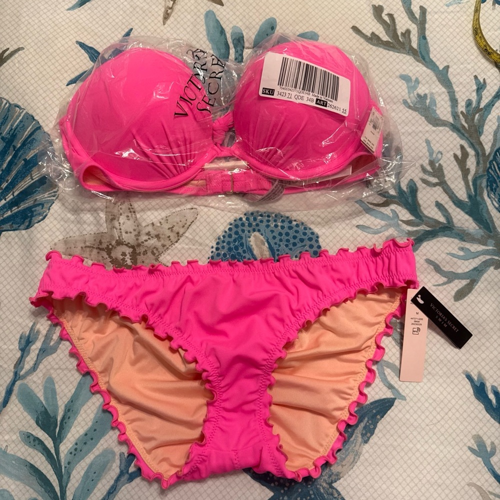 Victoria's Secret Neon Pink Bikini 36b and medium bottoms NWT